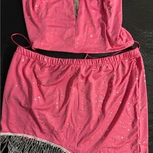 SHEIN Pink Sparkle Skirt Set with Fringe